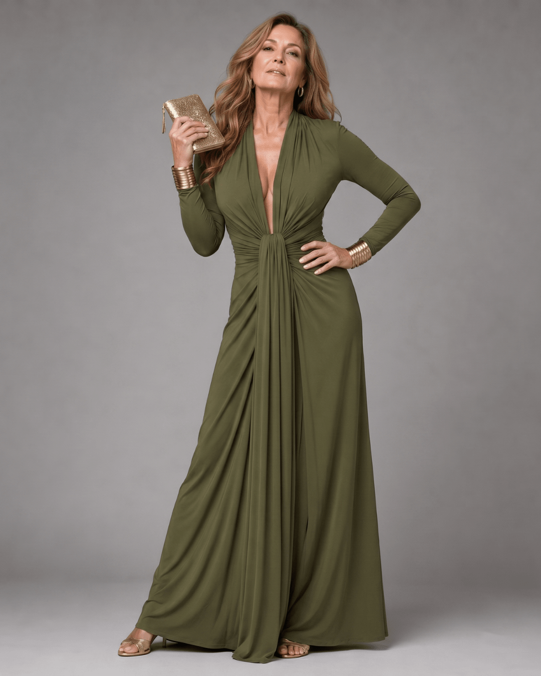 Vimmer | Vestido Maxi de Manga Larga con Escote en V Profundo
